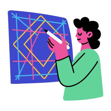 Çizim şekilleri yapan kişi, düz biçim illüstrasyonu 