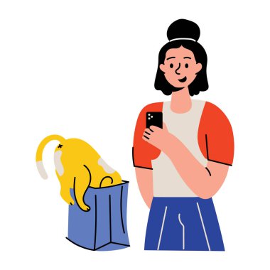 Komik bir kediyi kaydeden bir karakteri gösteren düz bir çizim 