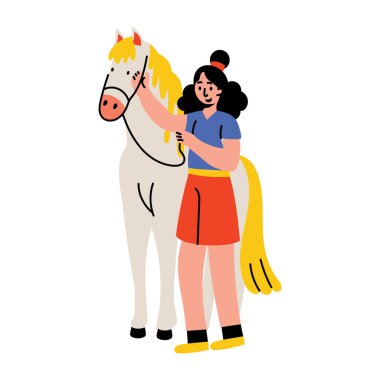 Evcil atı olan bir karakteri gösteren düz bir çizim 