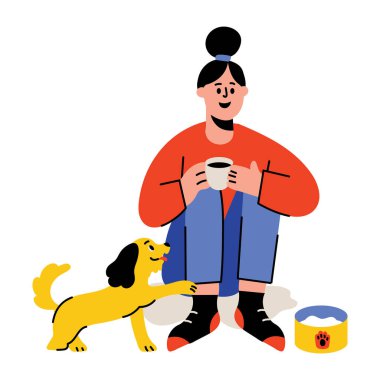 Bir evcil köpeği olan bir karakteri gösteren düz bir resim. 