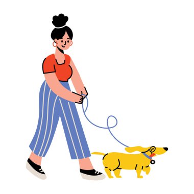 Köpek gezdirmeye giden bir karakter, düz çizim. 