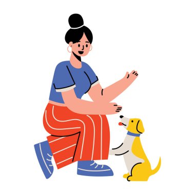 Şirin bir köpek yavrusuyla oynayan bir karakteri gösteren düz bir resim. 