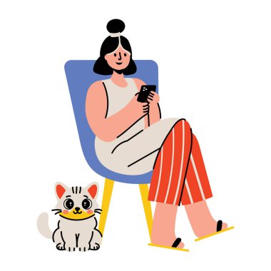 Sahibinin yanında oturan sevimli bir kedi yavrusunun düz bir tasviri. 