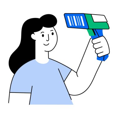 Qr tarayıcı tutan bir karakteri gösteren düz biçim illüstrasyonu 