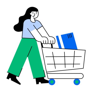 Bir karakterin alışveriş arabasını ittiğini gösteren düz bir resim.