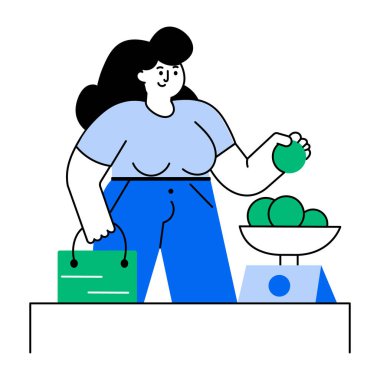 Bakkal alışverişi yapan kadınları gösteren düz bir resim.