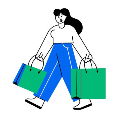 Mutlu bir alışveriş kızını gösteren düz bir çizim.