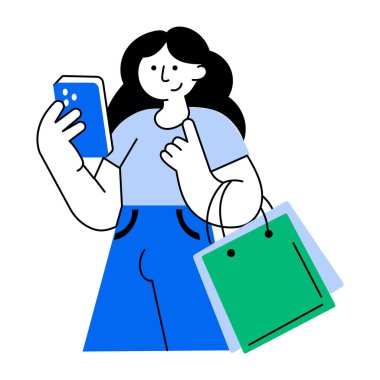 Çevrimiçi alışveriş yapan karakteri gösteren düz stil çizimi