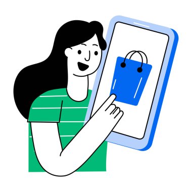 Alışveriş uygulaması kullanan bir karakteri gösteren düz bir çizim