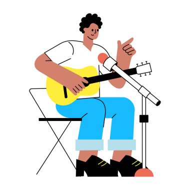 Gitar çalan bir şarkıcıyı gösteren düz bir resim. 