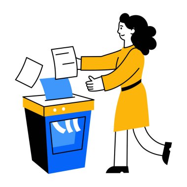 Kağıt öğütücü kullanan bir karakteri gösteren düz biçim illüstrasyonu