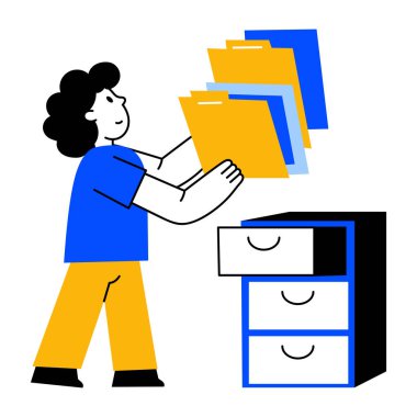 Dolabında dosya düzenleyen kullanıcıyı gösteren düz biçim illüstrasyonu