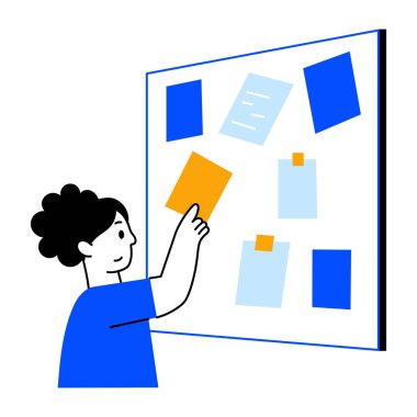 Yapışkan notlarla strateji tahtasını gösteren düz bir çizim