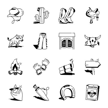 Vahşi Batı Doodle Simgeleri Koleksiyonu 