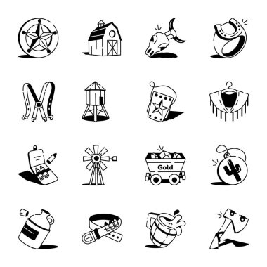 Kovboy Kültür Çizim Biçimi Simgeleri Paketi 