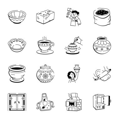 El Çizimi Çömlek Simgeleri Koleksiyonu 