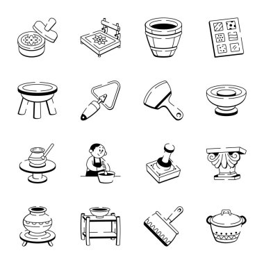 El Çizimi Çömlek Araçları Seti Simgeleri 