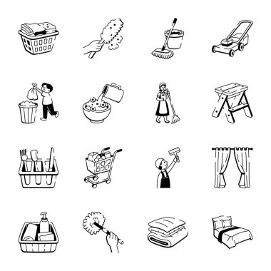 Ev işleri seti Doodle Simgeleri 