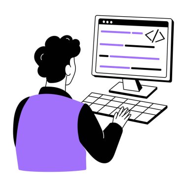 Bir kişinin kodlama yaptığını gösteren el çizimi illüstrasyon 