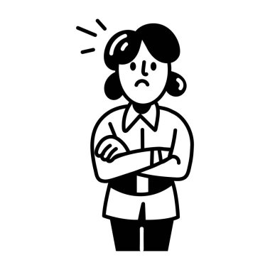 Elleri çaprazlanmış, el çizilmiş bir karakter. 