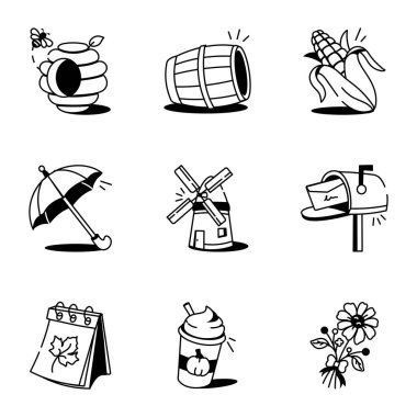 Şükran Günü Kutlaması Doodle Stili Simgeleri Paketi 