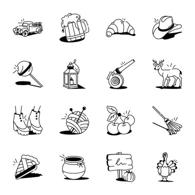 Şükran Günü Festivali Doodle Tarzı Simgeleri Paketi 