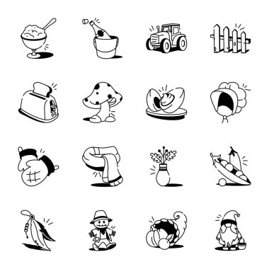 Şükran Günü Kültür Taslak Stil Simgeleri Paketi 