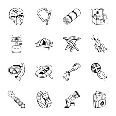 Doodle Stili Macera Simgeleri Koleksiyonu 