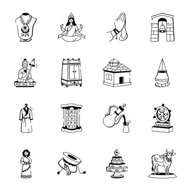 Doodle Stili Tibet Kültür Simgeleri Koleksiyonu