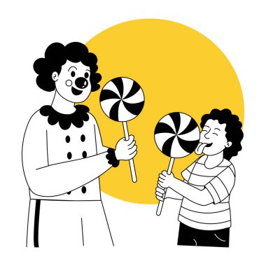 Bir çizim stili lolipop tutan bir palyaçoyu gösteriyor.