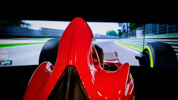 Una Cabina Pilotaggio Del Simulatore Guida Ferrari Sedile Museo Ferrari — Foto Stock