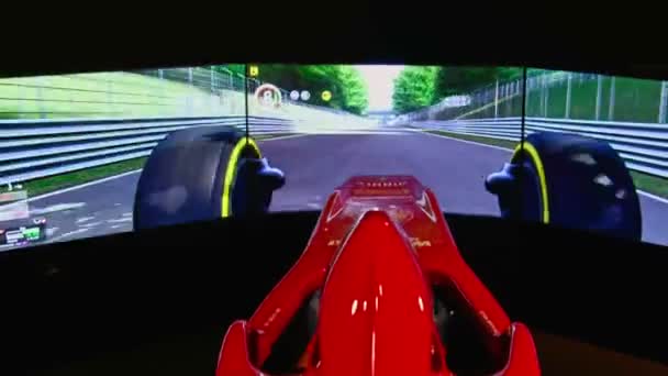 Una Cabina Pilotaggio Del Simulatore Guida Ferrari Sedile Museo Ferrari — Video Stock