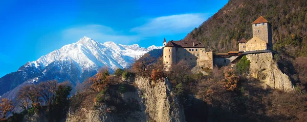 Horisontellt Panorama Landskap Castel Tirolo Merano Italienska Dolomiter Trentino Alto — Stockfoto