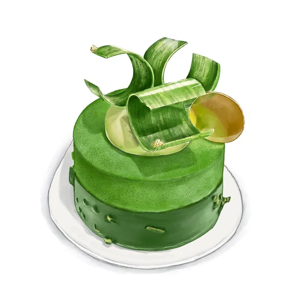 Aquarelverf Schilderen Van Matcha Framboos Mousse Cake — Stockfoto