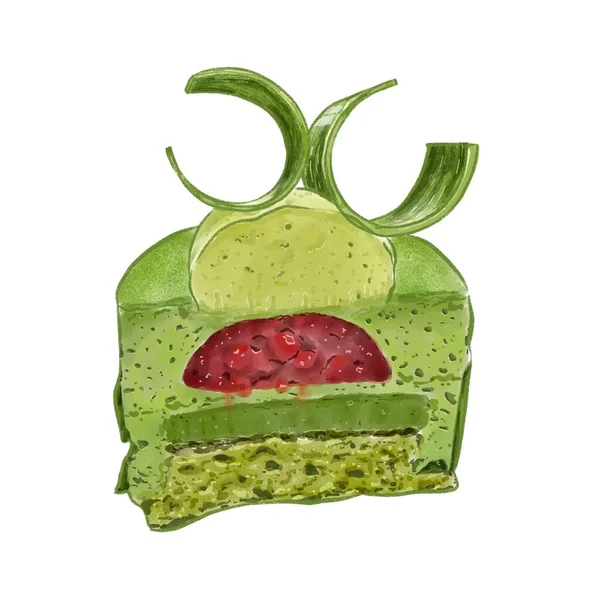 Aquarelverf Schilderen Van Matcha Framboos Mousse Cake — Stockfoto