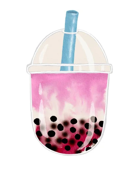 Acuarela Pintura Burbuja Fresa Bebida Leche — Foto de Stock