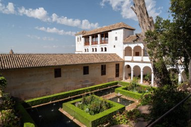 Generalife 'in Almunia Sarayı' ndaki Patio de la Sultana 'da bahçe manzarası, kuru selvi ve saray cephesinin kemerleri.