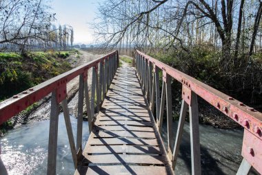 Fuente Vaqueros 'ta yapraksız kavak ağaçlarıyla hızlı akan bir nehrin üzerinden metal bir köprüyü geçmek