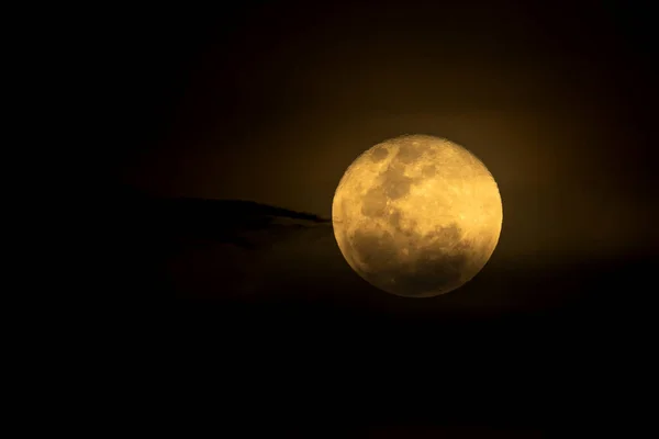 A full moon among clouds in a dark sky. yellow moon. Nature.