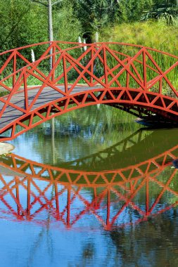 Küçük bir gölün üzerinde kırmızı bir köprü. Bahçe düzenleme. Bahçe. Dekorasyon.