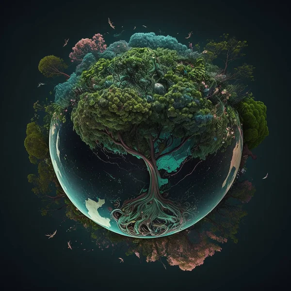 Illustration of trees covering the earth, environment concept