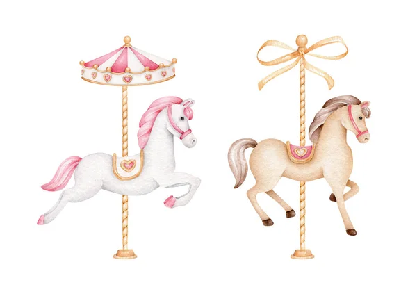 Carousel Horses Isolated White Background Watercolor Horses Vintage Toys —  Fotos de Stock