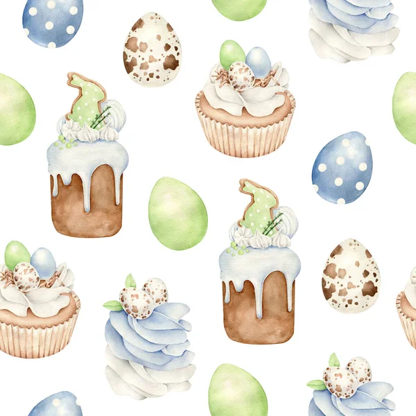 Watercolor Hand Drawn Easter Pattern Eggs Cakes — Stock Photo, Image