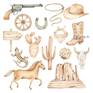 hand drawn vintage collection of cowboy with animals, old things. watercolor illustration in sketch style clipart