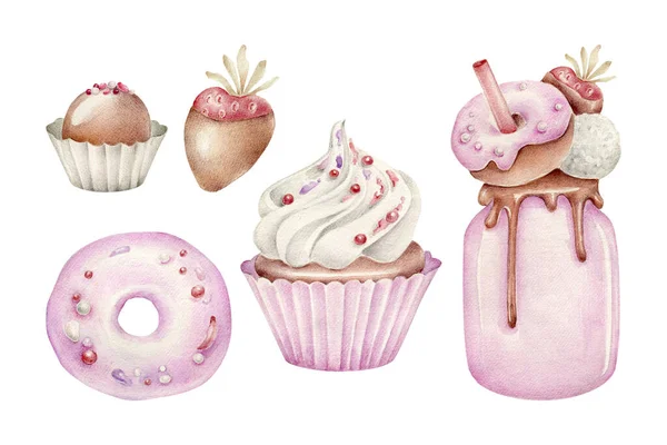 Ręcznie Rysowane Akwarela Ilustracja Słodkich Deserów Polewą Czekoladową — Zdjęcie stockowe