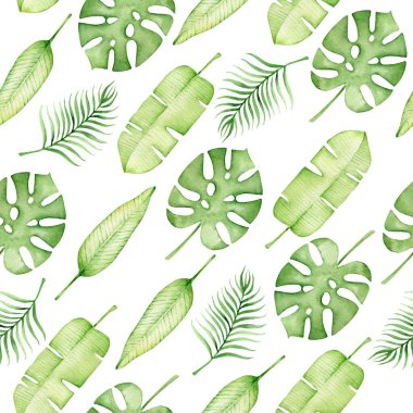 Tropikal yapraklı kusursuz desen. Suluboya çizimi