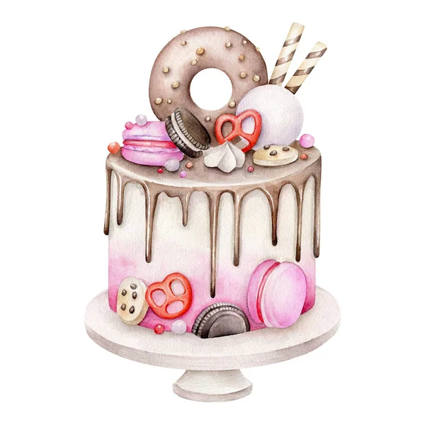 Syntymäpäiväkakku Vaaleanpunainen Kuorrutus Suklaa — kuvapankkivalokuva
