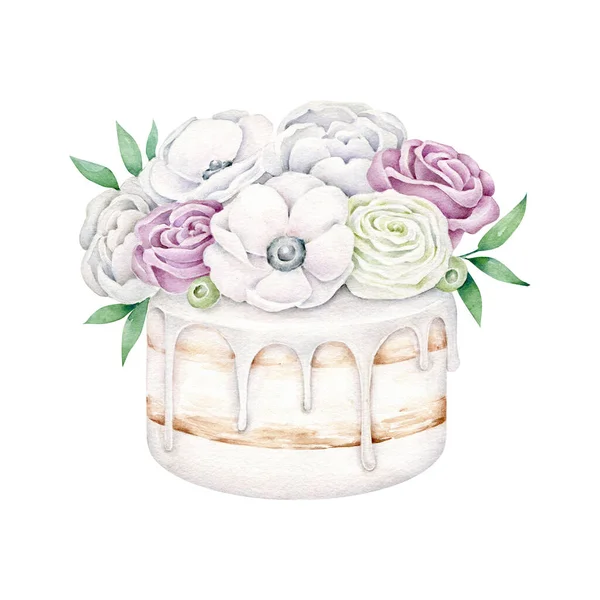 Aquarell Illustration Von Kuchen Mit Blumen Isoliert Auf Weißem Hintergrund — Stockfoto