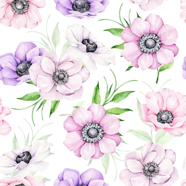 Seamless Pattern Flowers Watercolor Illustration Anemone Flowers — Stock Photo, Image