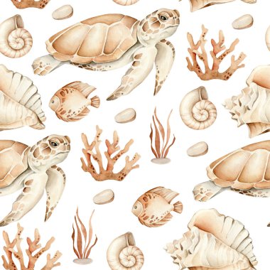 Kaplumbağa ve deniz kabuklarıyla kusursuz desen, suluboya deniz deseni